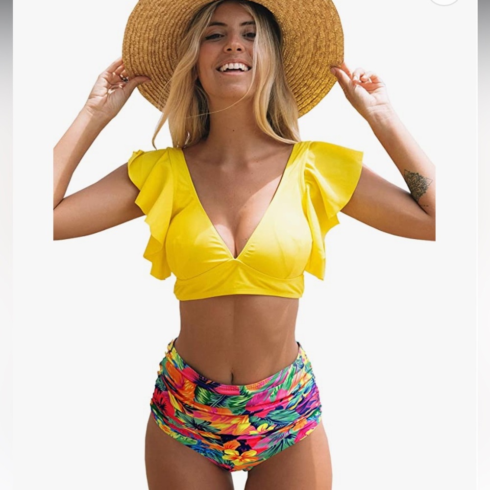 Ruffle high waist swimming suit , tropical print bikini
